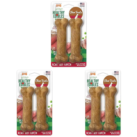 Three retail packages of roast beef flavored Nylabone healthy edible dog treats.