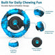 Product diagram highlighting the durable nylon and rubber design, textured surface for grip, tough ring structure, and center squeaker.