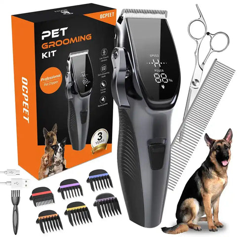 Professional OCPEET pet grooming kit including a black cordless dog clipper, scissors, comb, cleaning brush, and 6 guard combs.