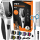 OCPEET professional pet grooming kit featuring a silver cordless clipper, blue-accented grooming shears, steel comb, guide guards, and blade oil.