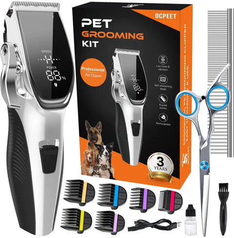 OCPEET professional pet grooming kit featuring a silver cordless clipper, blue-accented grooming shears, steel comb, guide guards, and blade oil.