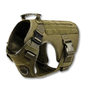 Olive green tactical dog harness on a white background