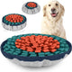 Round orange and teal fleece snuffle mat shown fully flat and cinch-adjusted into a bowl next to a happy dog.