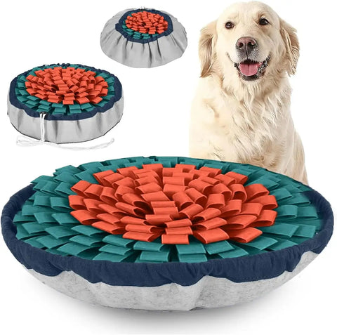 Round orange and teal fleece snuffle mat shown fully flat and cinch-adjusted into a bowl next to a happy dog.