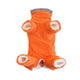 Orange dog snowsuit with gray hood on white background.