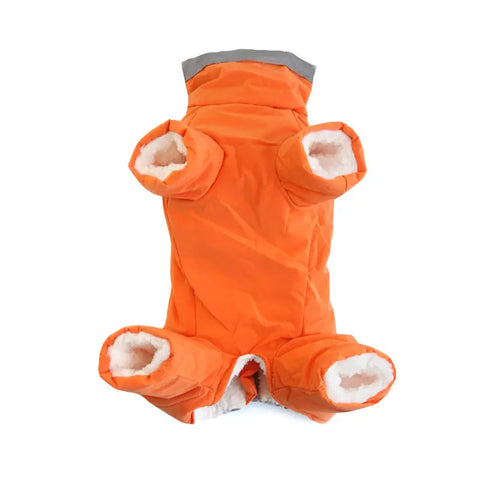 Orange dog snowsuit with gray hood on white background.