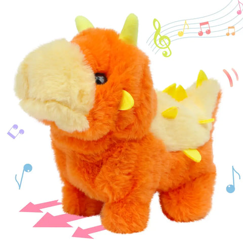 Interactive orange plush dinosaur dragon electronic toy with yellow horns and spikes