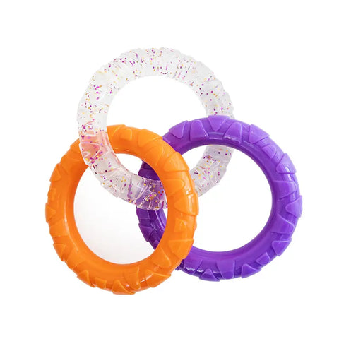 Bright orange, purple, and sparkly clear interlocking ring chew toy for pets