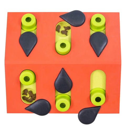 Nina Ottosson orange rain drop cat puzzle toy with sliding pegs and hidden treats.