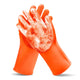 Orange high-density bristle silicone gloves for dog and cat grooming.