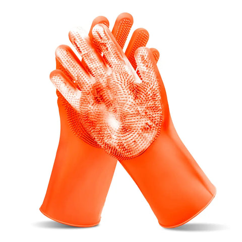 Orange high-density bristle silicone gloves for dog and cat grooming.
