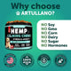 Artullano Hemp Calming Chews safety features showing no soy, no GMO, no corn, no dairy, no sugar, and no hormones, made in USA.