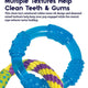 Close-up of blue Orka Dental Links showing reinforced rubber ribs and diamond textures for cleaning dog teeth.