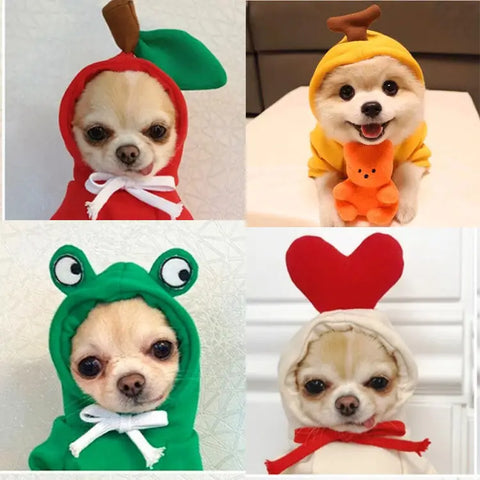 our dogs wearing colorful animal-themed costumes in a collage.