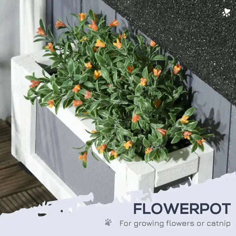Close-up shot of the built-in side flowerpot planter box on the wooden outdoor cat house for growing flowers or catnip.