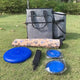 Outdoor gear set including cooler bag, mat, frisbees, and strap.