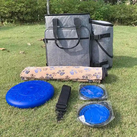 Outdoor gear set including cooler bag, mat, frisbees, and strap.