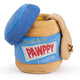 Pawppy Peanut Butter jar plush dog toy featuring an open blue corduroy lid and an interactive hide-and-seek treat cloth.