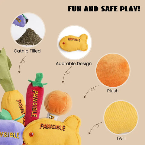 Infographic showcasing Pawsible cat toy materials including premium plush, durable twill, adorable designs, and 100 percent catnip filling.