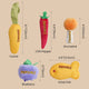 Sizing diagram for a 5-piece cat toy set featuring a carrot, chili pepper, drumstick, blueberry, and dried fish with measurements.