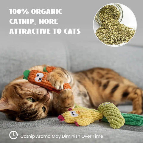 A tabby cat happily rolling and biting an orange cactus-shaped Pawsible plush toy filled with 100 percent organic catnip.