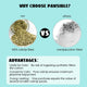 Comparison graphic showing Pawsible 100 percent catnip-filled toys vs other brands using synthetic cotton fillers, highlighting safety and long-lasting value.