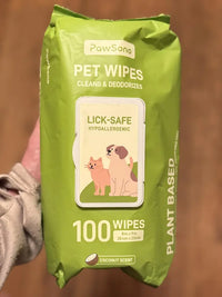 Customer holding green package of PawSono lick-safe hypoallergenic pet wipes highlighting 100-count coconut scented pack size