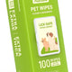 Single vertical packaging of PawSono lick-safe and hypoallergenic coconut scent pet wipes containing 100 extra large and extra thick wipes.
