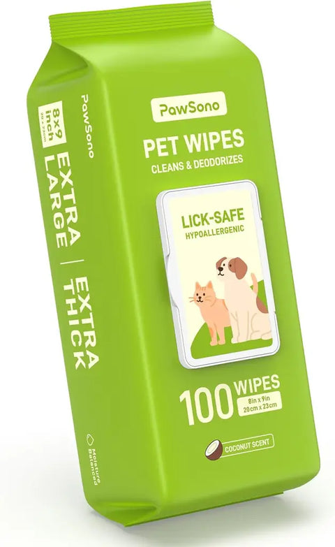 Single vertical packaging of PawSono lick-safe and hypoallergenic coconut scent pet wipes containing 100 extra large and extra thick wipes.