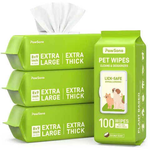 PawSono extra large and extra thick pet wipes multi-pack including three horizontal packs and one vertical 100-count pack with a dog and cat illustration.