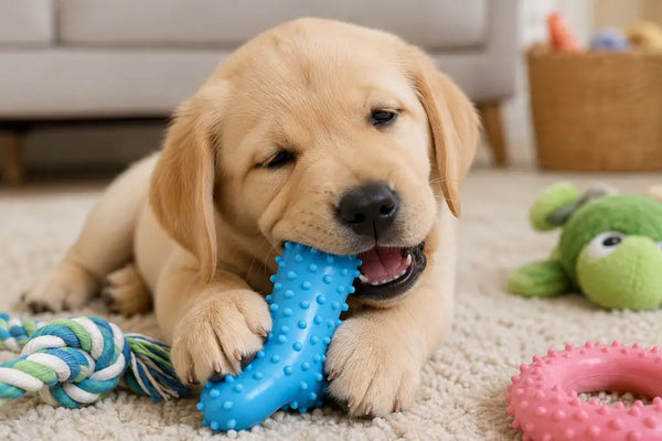 Young Labrador puppy safely chewing a textured blue rubber teething toy in an American home — PawVortex safe chew toy guide for 8-week-old pups