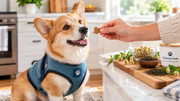 USA pet parent giving PawVortex calming treat to small dog in modern kitchen