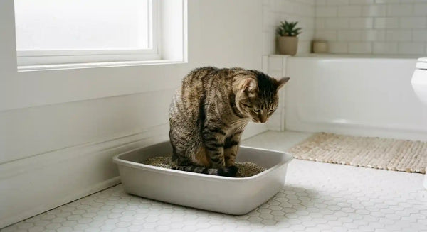 Tabby cat in a litter box displaying signs of straining or discomfort, a potential urinary emergency sign