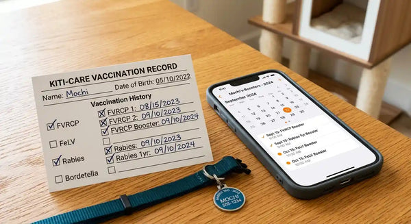 Cat vaccine record card and phone calendar reminder for booster shots, Paw Vortex tracking guide