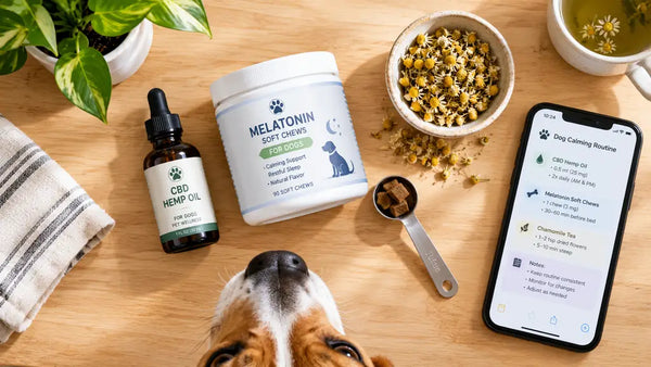 CBD oil, melatonin chews, and chamomile laid out for a dog anxiety routine — PawVortex USA guide