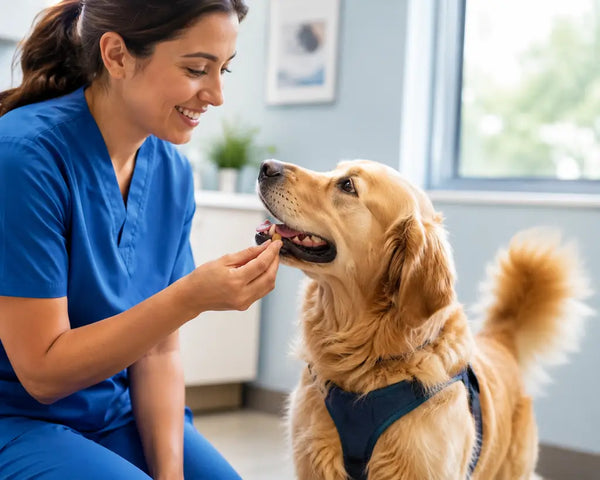 Dog happily taking a treat from a vet, illustrating positive classical conditioning.
