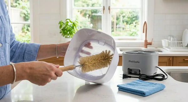 Scrubbing inside of automatic pet feeder hopper with bottle brush — step-by-step deep clean guide