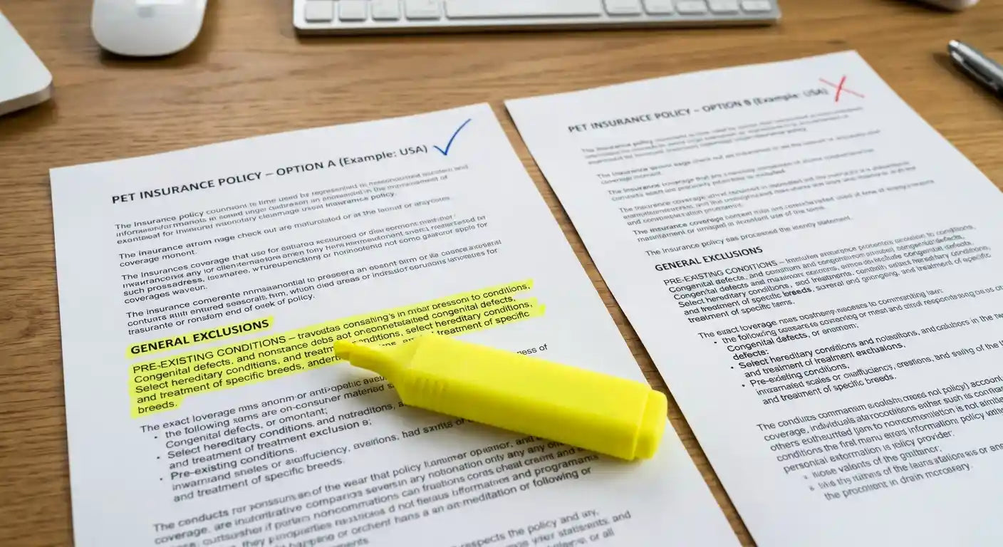 Comparing two pet insurance policy documents with highlighter marking exclusions
