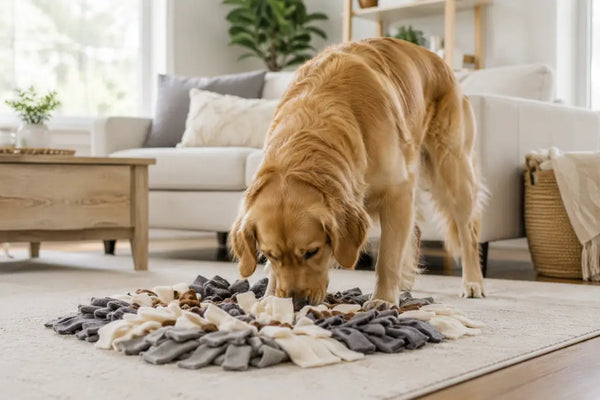 A happy dog engaged with a puzzle toy in a living room, illustrating mental stimulation to reduce boredom.