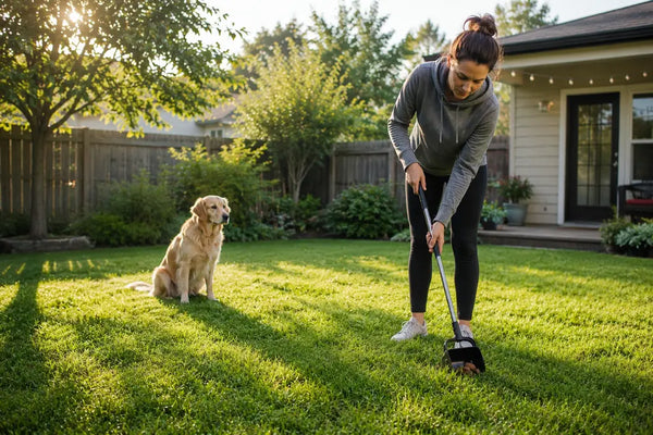 An owner in a backyard picking up dog feces while the dog waits, demonstrating immediate removal of temptation.