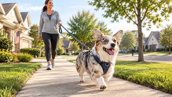 A cowboy corgi on a brisk morning walk in a USA neighborhood, showcasing its exercise needs.