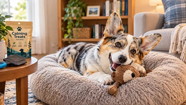 A relaxed cowboy corgi chewing a toy on a calming bed with grooming tools nearby — PawVortex.