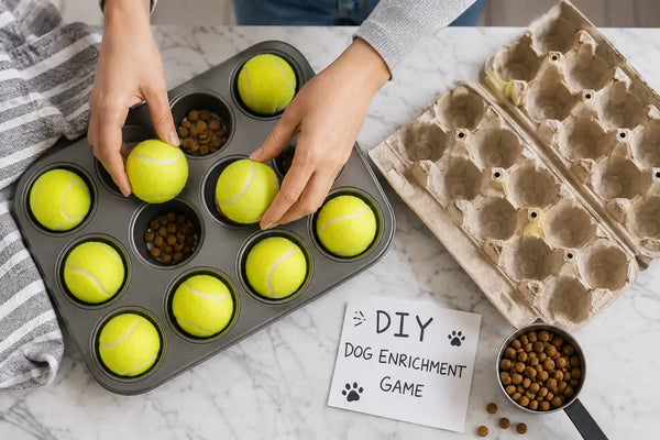 Hands preparing a DIY dog puzzle using a muffin tin and tennis balls for mental stimulation.