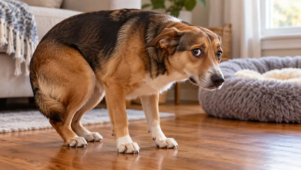 Dog showing anxiety body language with tucked tail and whale eye in a USA home | PawVortex