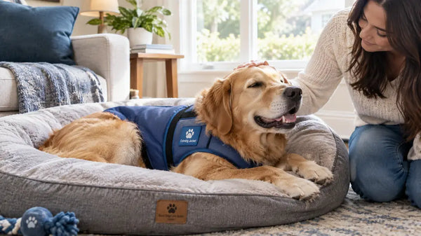 Golden retriever relaxing in PawVortex calming jacket during thunderstorm in USA home