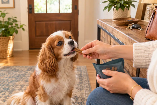 Pet parent giving calming chew to dog before leaving home — PawVortex USA separation anxiety routine