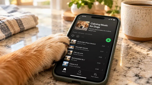 Smartphone displaying a PawVortex-recommended calming music playlist for dogs with a paw resting nearby