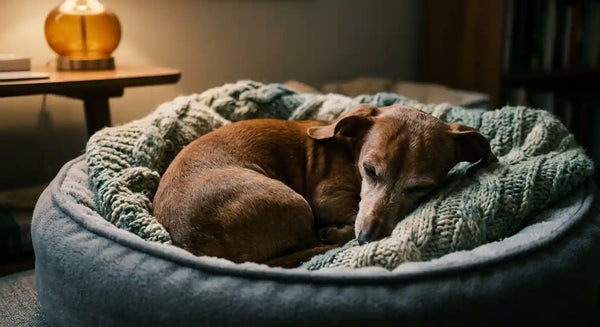 Elderly dachshund curled in a tight ball on a bed, squinting and showing pain.