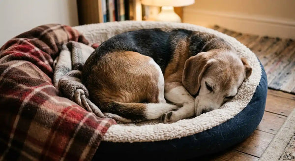 Senior beagle sleeping curled up in a tight ball on a dog bed