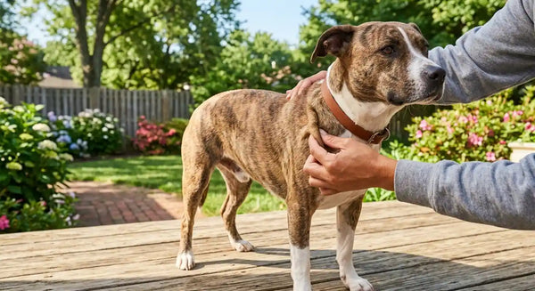 Performing skin tent pinch test on dog to check for dehydration